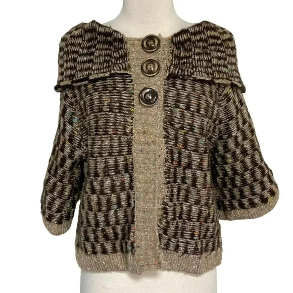 Tempo Paris M/L brown +‎ cream print shawl collar knit sweater with 3/4 sweater - Picture 1 of 6
